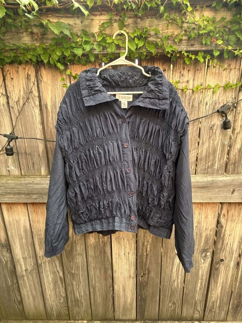 LAVON Vintage Navy Blue 100% Silk Ruched Button-Up Jacket
